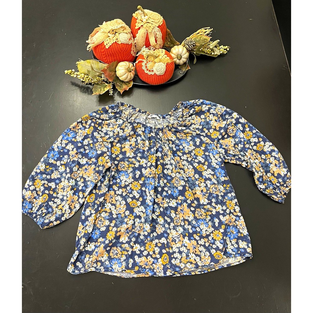 Sonoma Blue Tan Ditsy Floral Scoop Neck 3/4 Sleeve Peasant Cottage Blouse Sz XL